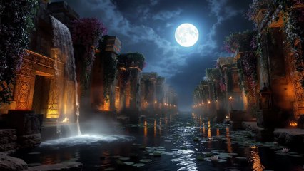 Temple Lunaire et Cascades | 4K Musique Relaxante et Nuit Apaisante