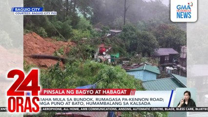 Baha mula sa bundok, rumagasa pa-Kennon Road; mga puno at bato, humambalang sa kalsada | 24 Oras