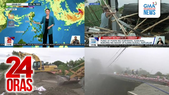 24 Oras: (Part 2) Highway sa Lubao, nasira sa lakas ng ulan; puno, poste ng kuryente at bubong ng bahay sa La Union, nilipad sa lakas ng hangin; update sa Bagyong Emong na inaasahang lalabas ng PAR; nasirang dike sa Pampanga, inaayos na, atbp.