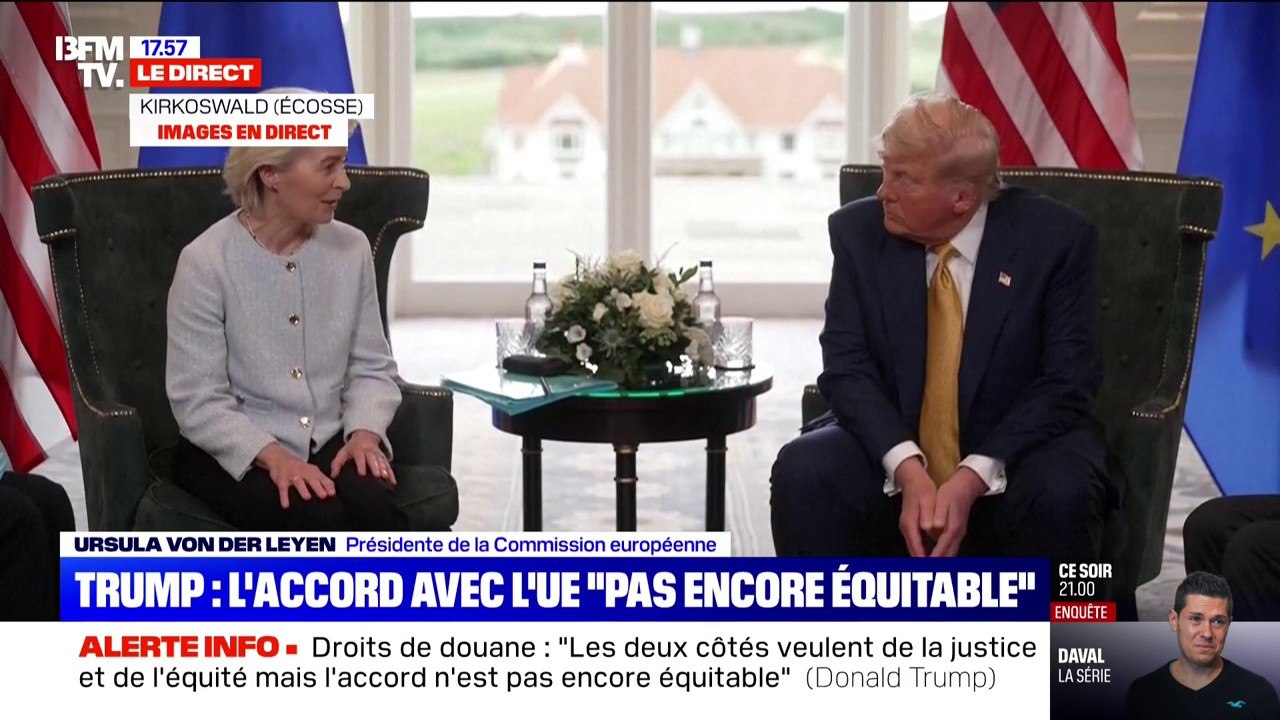 Droits de douane: "Si nous réussissons, ce sera le plus gros accord jamais conclu", indique la cheffe de la Commission européenne Ursula von der Leyen