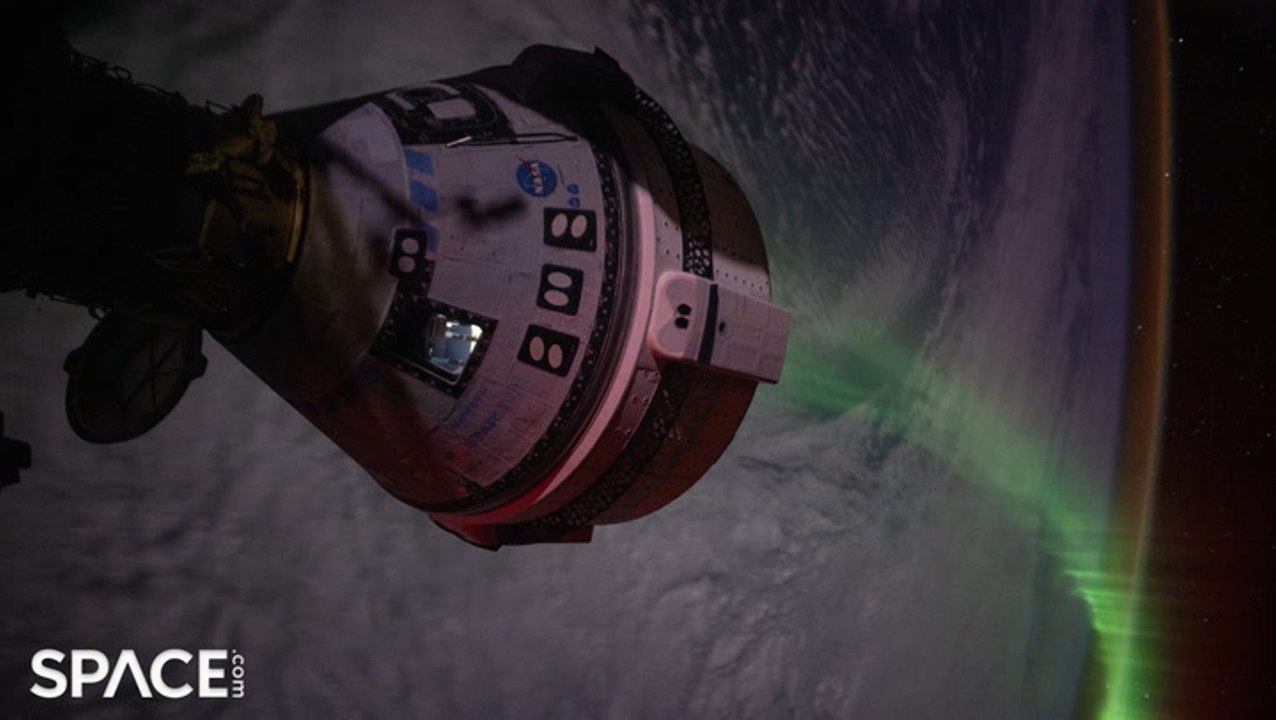 Time-Lapse Of Boeing Staliner Flying Over Auroras While Docked To Space Station