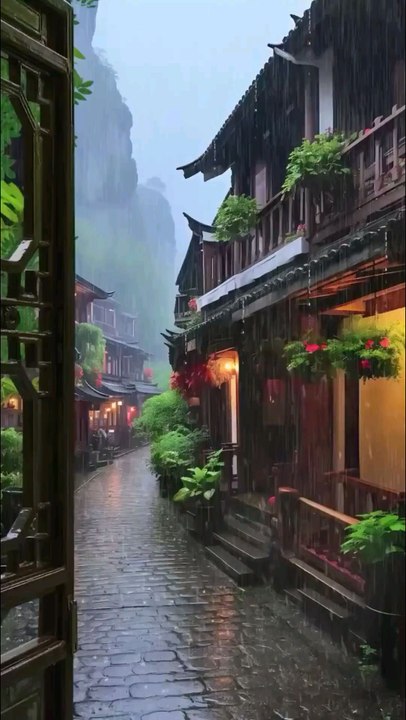 Stone Alley Walk, Misty Mountains, Wooden Homes, Nature Camping.