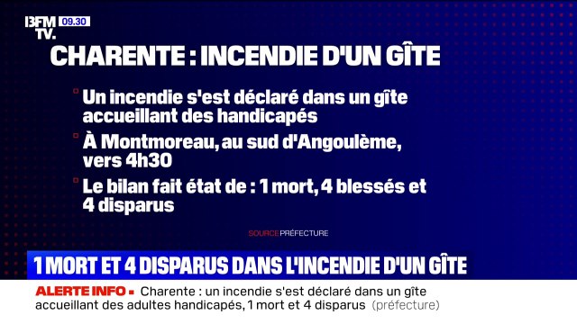 Un mort et quatre disparus dans l'incendie d'un gîte accueillant des adultes handicapés en Charente