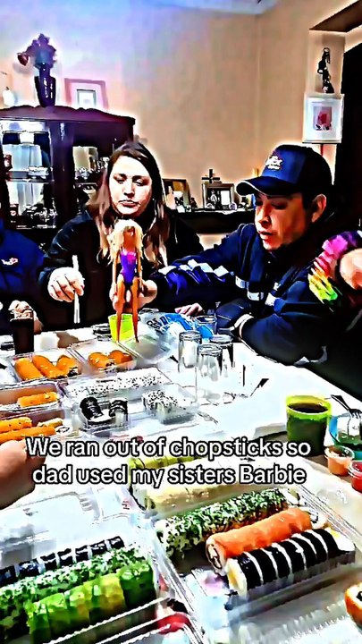 We ran out of chopsticks so dad used my sisters Barbie