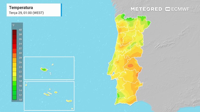 Temperaturas elevadas em Portugal Continental durante a semana, reforçando a persistência da onda de calor que caracteriza o território nacional.