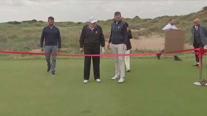 TRUMP TAKES FIRST SWING after OPENING Trump International Golf Links Aberdeen in Scotland