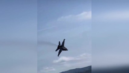 Military jet comes perilously close to crowded beach while avoiding flock of birds