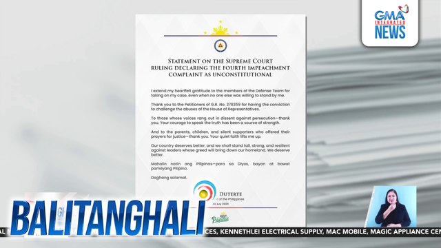 Nagpasalamat si VP Sara Duterte sa pagkatig ng Korte Suprema sa inihain nilang petisyon kaugnay sa impeachment complaint laban sa kaniya | Balitanghali