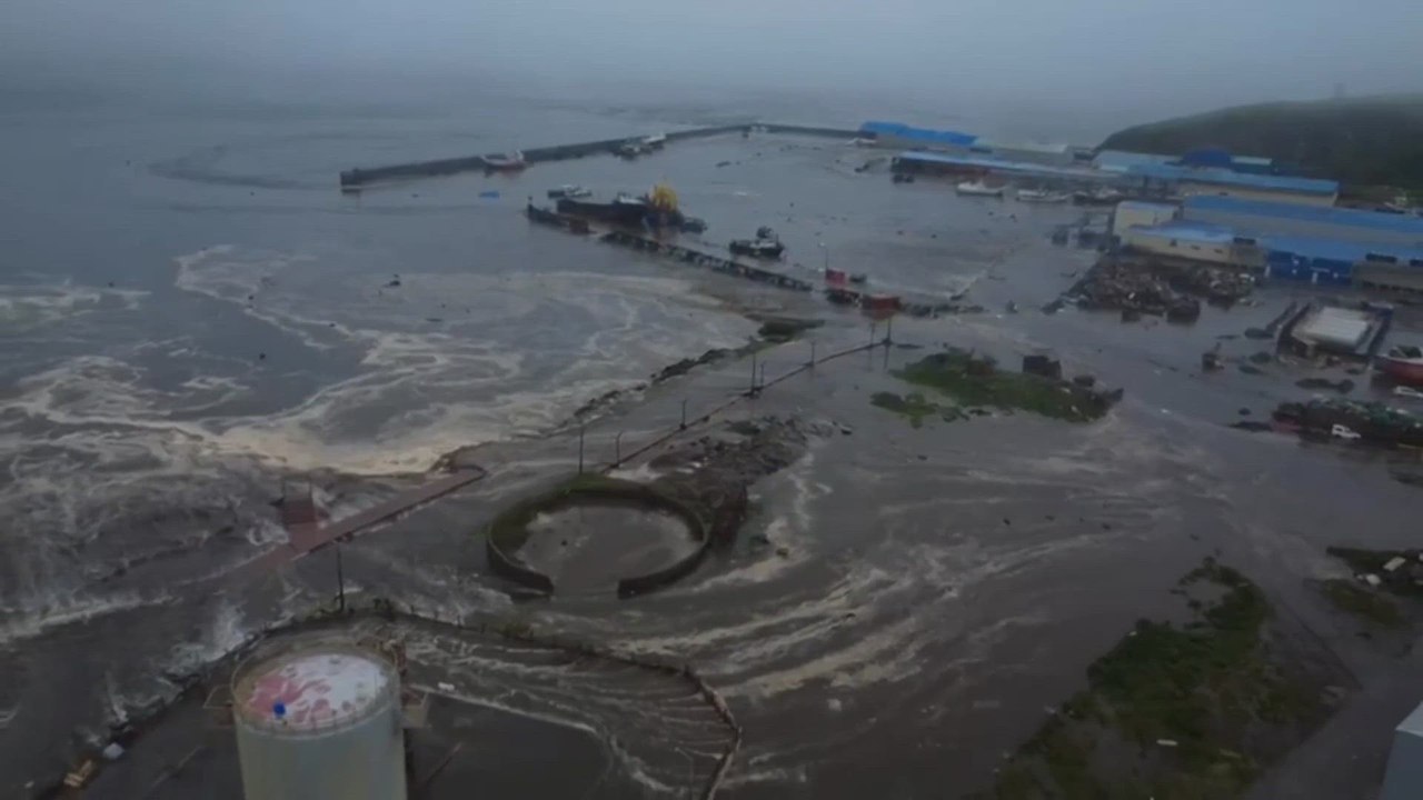 Drone footage shows tsunami waves flooding Russian coastal town following earthquake