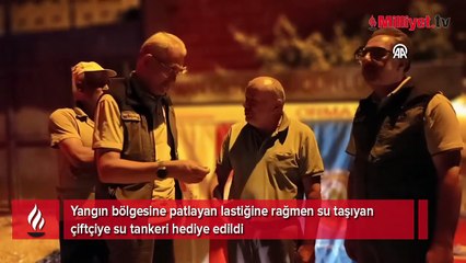Patlayan lastikle yangına su taşıyan çiftçiye, 3 tanker hediye edildi!