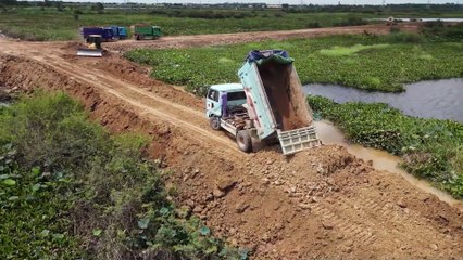 Best Incredible Making Road to Middle of Lake by KOMATSU Dozer with 5 Ton Truck Unloading Soil