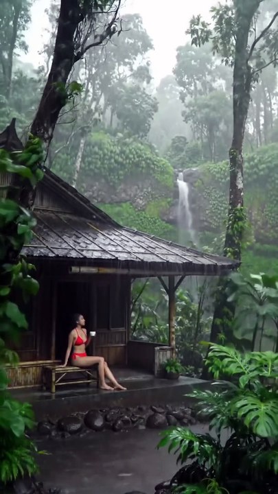 Heavy Rain in a Traditional Indonesian Village – Pure Calm ☕🌧️ #amsr #waterfall #nature