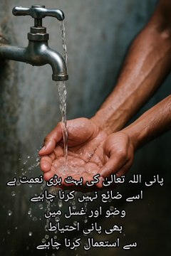 پانی اللہ تعالیٰ کی بہت بڑی نعمت ہے اسے ضائع نہیں کرنا چاہیے وضو اور غسل میں بھی پانی احتیاط سے استعمال کرنا چاہیے
