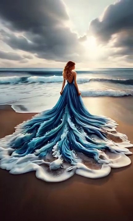 This image is poetic and sureal. The sun breaks through the clouds, throwing rays of light that illuminate the face and the sea. What is particulary striking is her dress; seamlessly transitions into sea foam with intricate detailing that mimics wav