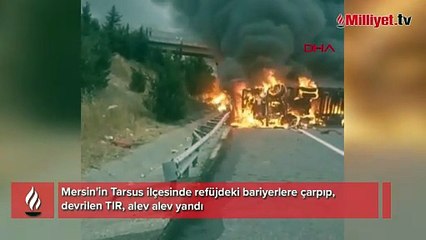 Devrilen TIR, alev alev yandı