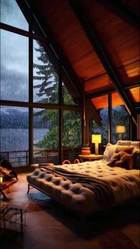 Dreamy Lakeview Resort Bedroom, Rainy Day Luxury, Cozy Fire Pit, Tranquil Vacation Vibes.