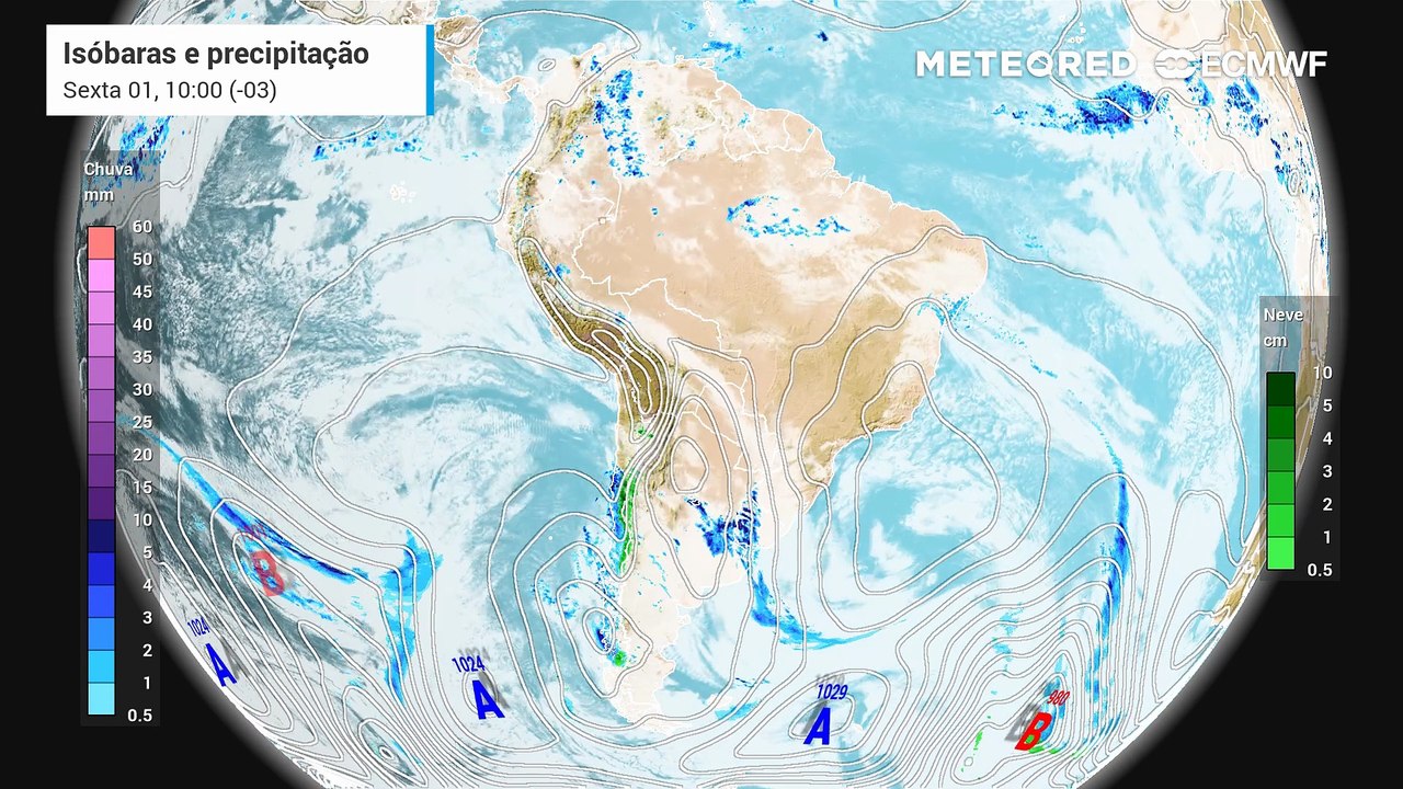 Sexta-feira, 1 de agosto: Nova frente fria se forma e aumenta riscos de chuvas intensas e tempestades sobre o Sul do Brasil.