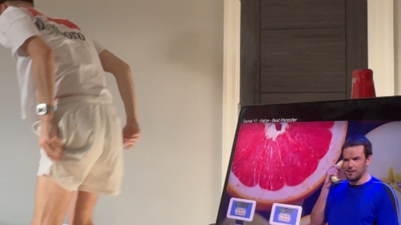 Boy tries to stand and spin on a revolving chair and regrets it immediately
