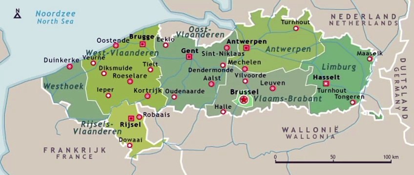 Map of Flanders Region. Peta Wilayah Flanders. Flanders Region Map. Kaart van de regio Vlaanderen. Carte de la région flamande. Karte der Region Flandern. Mapa de la región de Flandes.Mapa da região de Flandres. Mappa della regione delle Fiandre. 法兰德斯地区地图