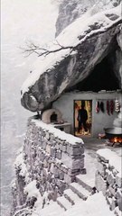 Snowy Cave Retreat: Cozy Stone Cabin, Fire Pit Cooking, Winter Camping Vibes, Hidden Mountain Resort.