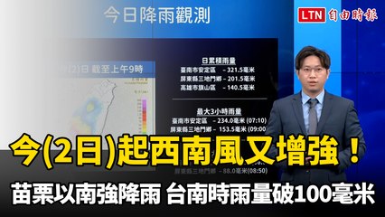 今起西南風又增強！苗栗以南強降雨 台南時雨量破100毫米