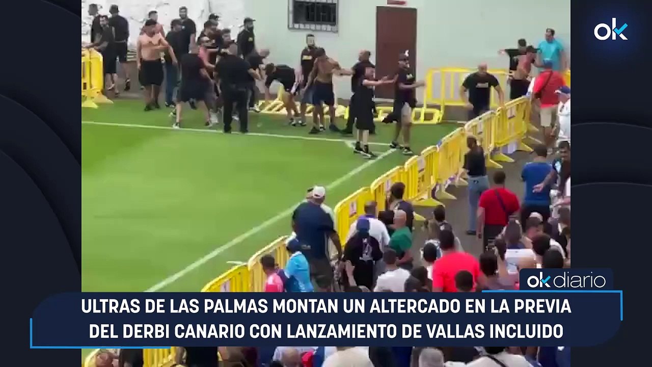 Ultras de Las Palmas montan un altercado en la previa del derbi canario con lanzamiento de vallas incluido