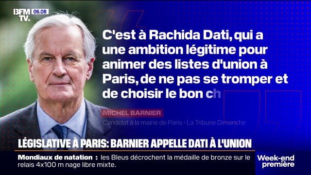 Législative à Paris: Michel Barnier appelle Rachida Dati à “choisir le bon chemin”