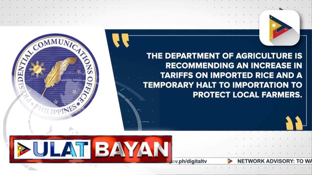 D.A., inirekomenda ang pagpapataw ng mas mataas na taripa sa imported rice