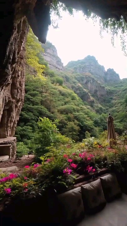 Cave Resort Lounge with Waterfall View,  Nature, greenery , Glamping, Camping, Vacation.