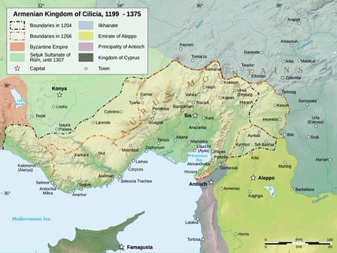 Map of Armenian Kingdom of Cilicia. Peta Kerajaan Armenia Kilikia. Armenian Kingdom of Cilicia Map. Կիլիկիայի Հայկական Թագավորության քարտեզ. Carte du Royaume arménien de Cilicie. Mapa do Reino Armênio da Cilícia. Mapa del Reino Armenio de Cilicia