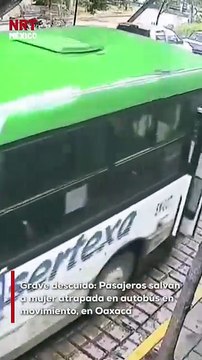 En Oaxaca, una señora fue víct1ma de un chofer imprudente que cerró las puertas del camión sin verla y arrancó con ella atorada. Pasajeros alertaron al conductor y lograron detenerlo.