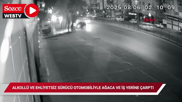 Alkollü ve ehliyetsiz sürücü otomobiliyle ağaca ve iş yerine çarptı