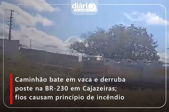Caminhão bate em vaca e derruba poste na BR-230 em Cajazeiras; fios causam princípio de incêndio