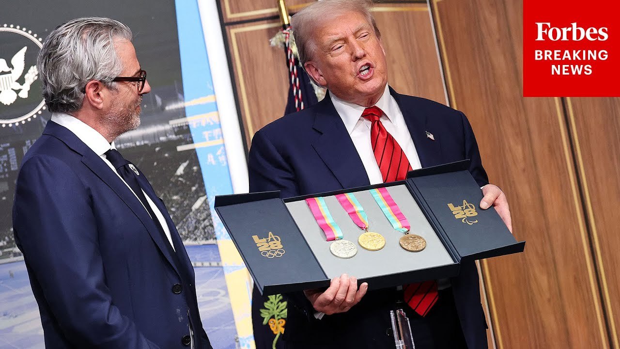 President Trump Is Presented With A Set Of Olympic Medals From The 1984 Olympic Games