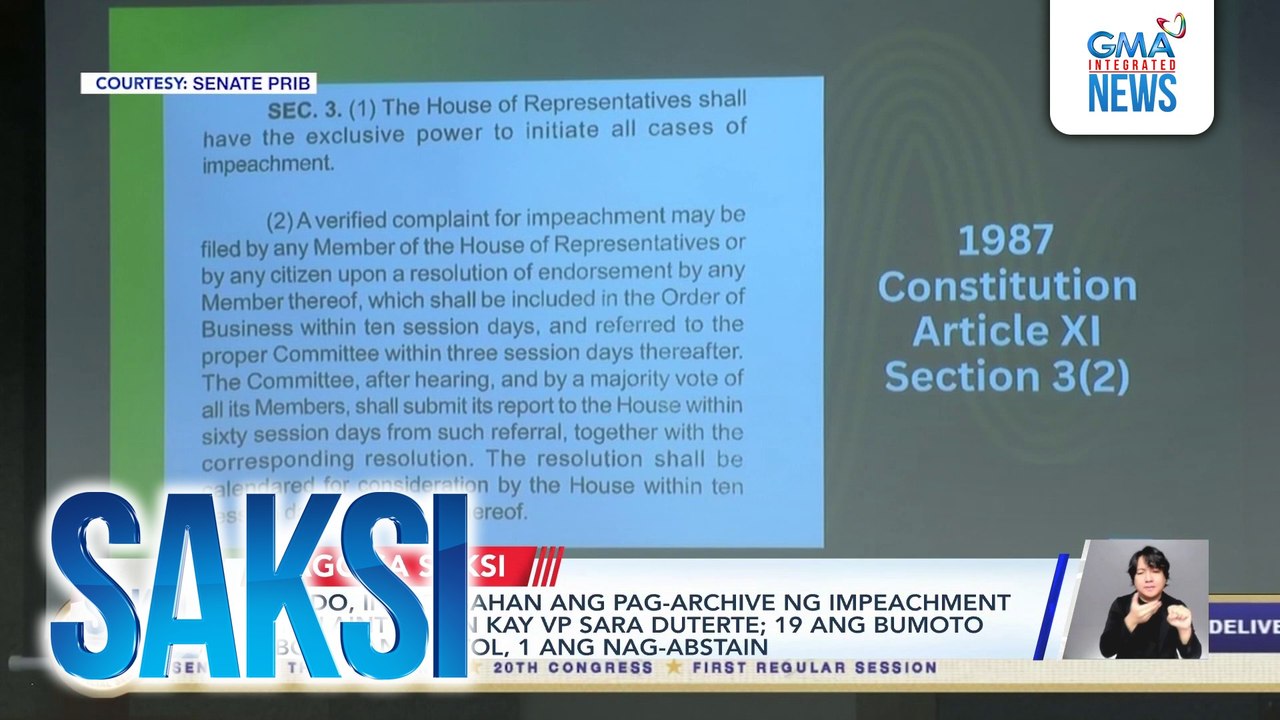 Senado, inaprubahan ang pag-archive ng impeachment complaint laban kay VP Sara Duterte; 19 ang bumoto pabor, 4 ang tutol, 1 ang nag-abstain | Saksi