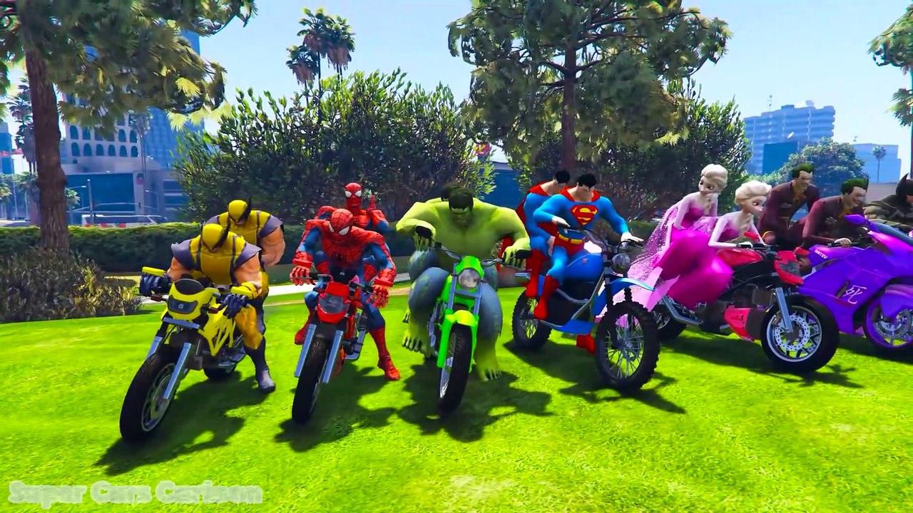 LEARN COLOR with Superheroes Motorcycles golf park and Police cars for kids funny