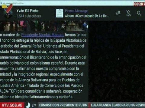 Yván Gil entrega réplica de la Espada Victoriosa del Gral. Rafael Urdaneta al presidente Luis Arce