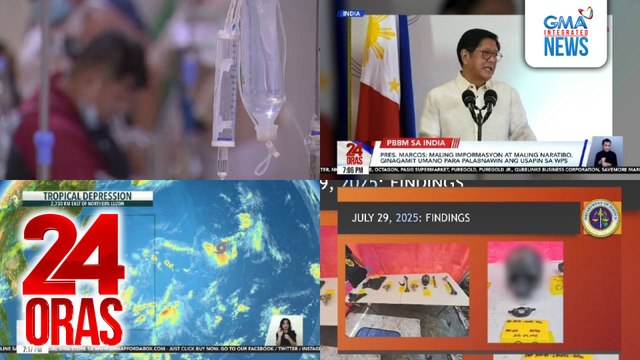 24 Oras: (Part 2) LPA sa labas ng PAR, bagyo na; DOJ, hihingi ng tulong sa mga eksperto ng UP at Japan para sa DNA testing ng bungo na nakuha sa Taal Lake; komento ni PBBM sa pag-archive sa impeachment complaint; dumaraming kaso ng leptospirosis, atbp.