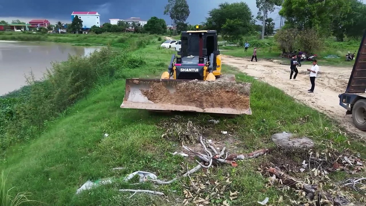 THE MOST SKILLED DOZER OPERATOR EASILY BREAKS DOWN LARGE COCONUT TREES AND FILLS THE LAKE WITH SOIL