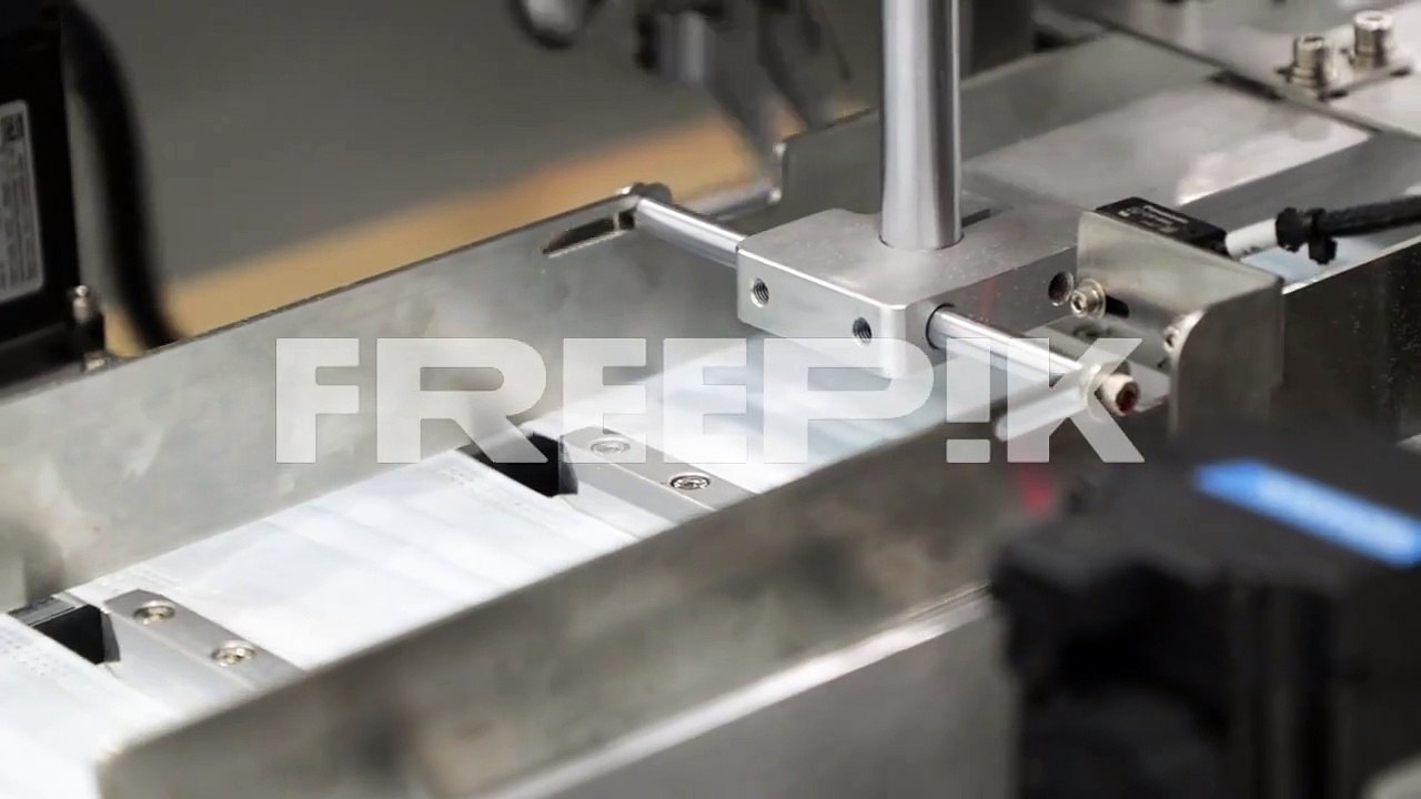 machine attaching ear loops to surgical mask pleated fabrics on conveyor. industrial production of masks