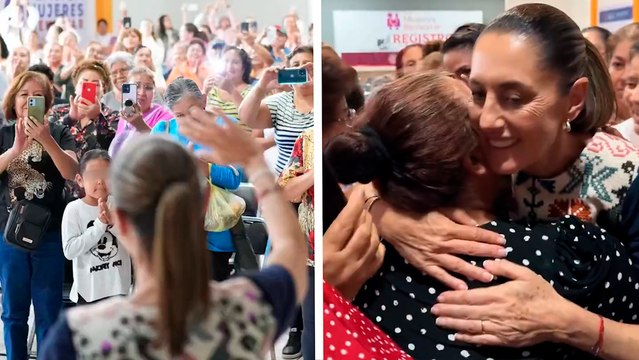Gran recibimiento a Claudia Sheinbaum en módulo de registro de la Pensión Mujeres Bienestar en Juárez, Jalisco