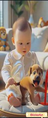 Ai baby playing with a beautiful puppy