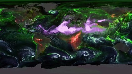 🌡️✨ De minuscules particules capables d’influencer la température mondiale — 🟢 sulfates, ⚫ carbone noir, 🟤 poussière et 🌊 sel marin — forment des panaches régionaux, comme le montre cette visualisation signée 🚀 NASA.