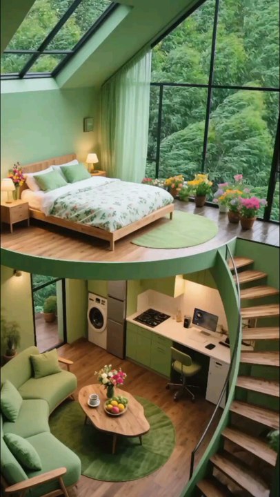 Sage Green Tiny Home Tour / Elevated Bedroom, Forest Views & Cozy Living.