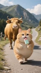 Orange cat was bullied by a bull