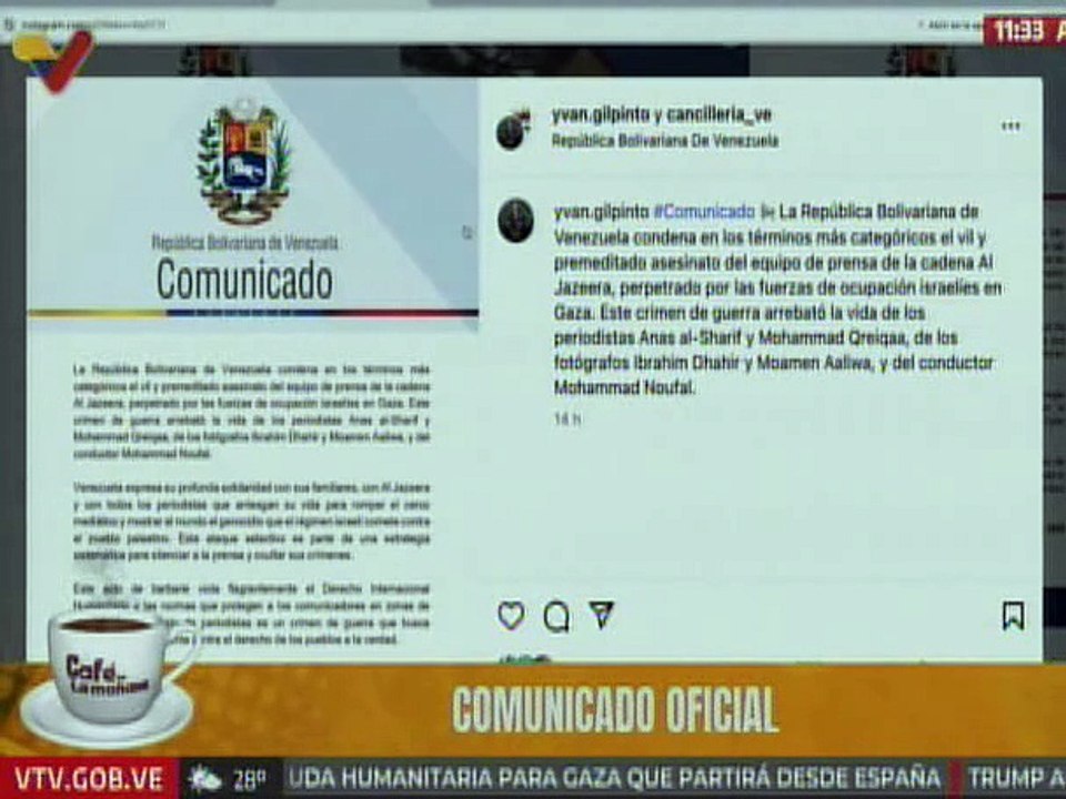 Venezuela condena asesinato del equipo de prensa de la cadena Al Jazeera perpetrado por Israel