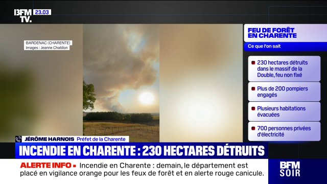 Incendie en Charente: le préfet annonce l'arrivée de 180 pompiers en renfort pour lutter contre le feu