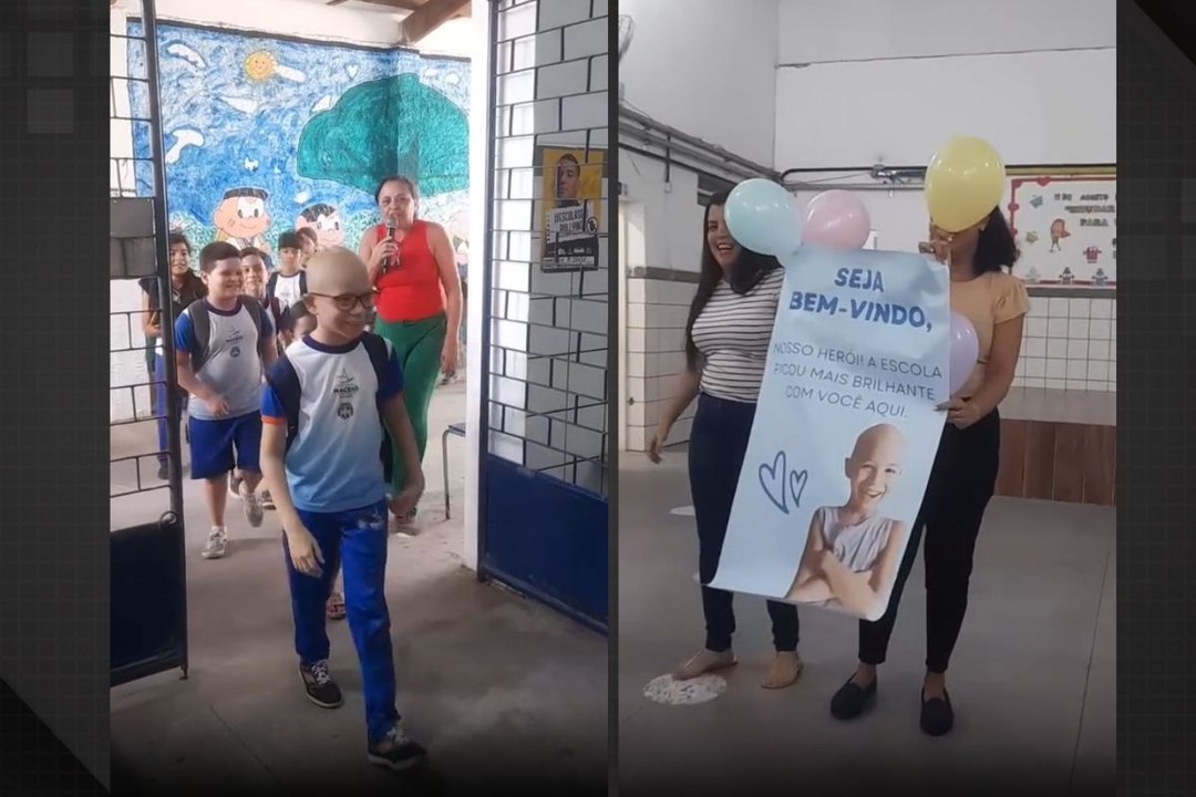 Menino de 8 anos é recebido com festa em escola após vencer o câncer