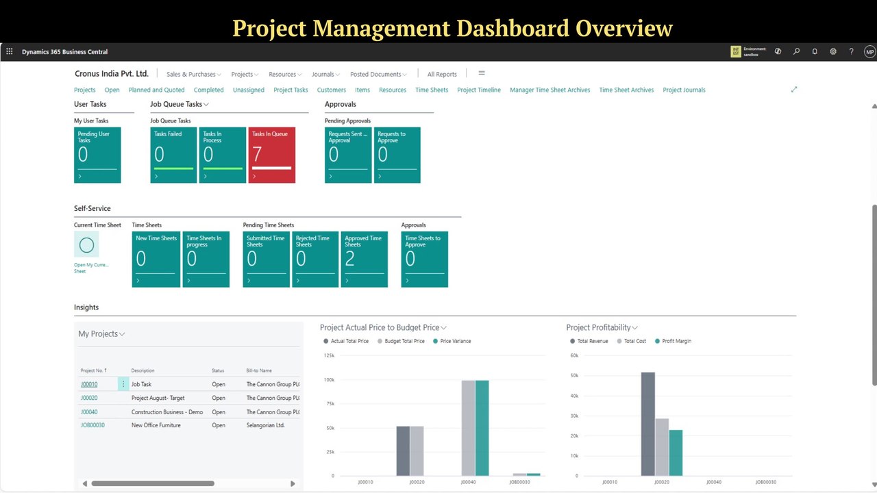 Project Management Dashboard Overview in Business Central | Part-1 #d365bc #project #job #management