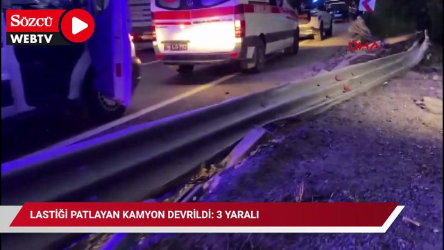 Lastiği patlayan kamyon devrildi: 3 yaralı